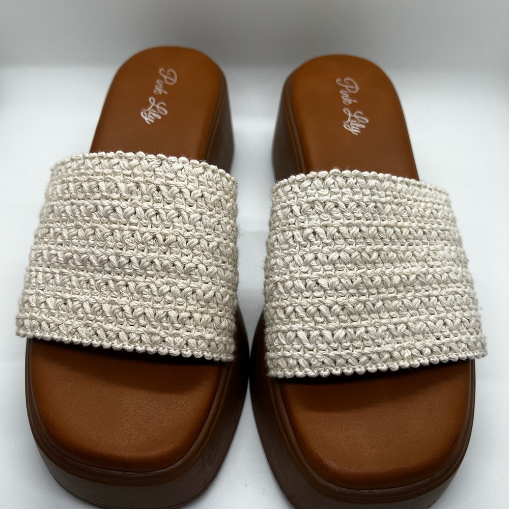 Pink Lily Cream Crochet Platform Slide Mules - Size 7